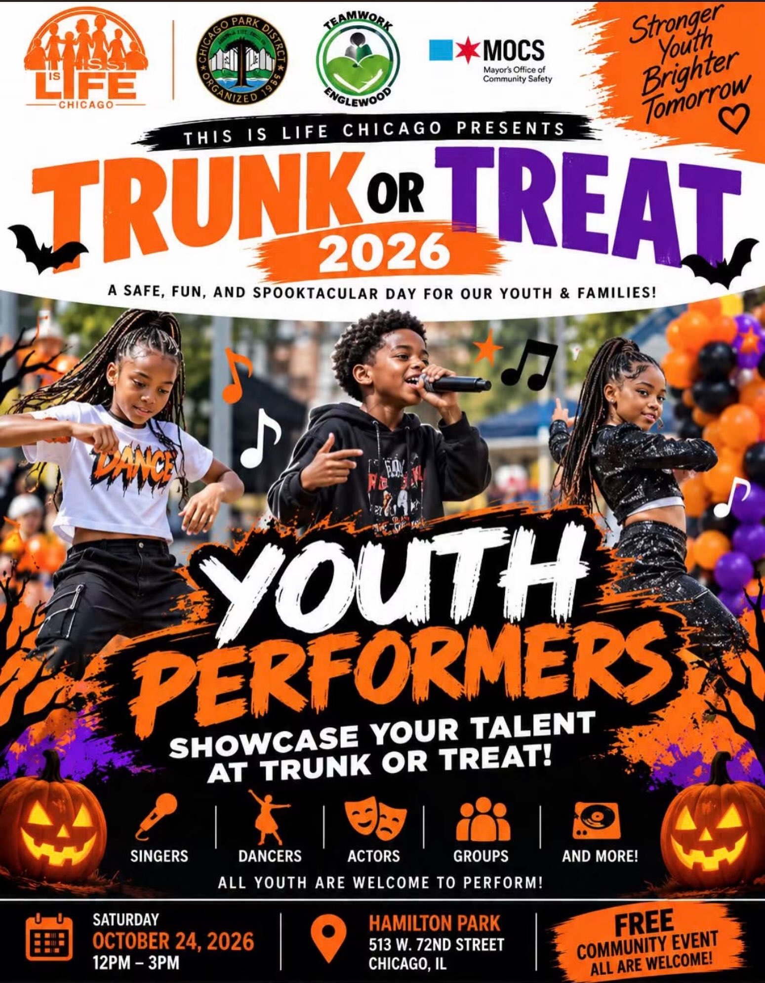 Calling all youth performers and dance teams!
We’re looking for young talent to perform at @thisislifechi FREE Trunk or Treat! Come share your talent and help us bring some extra excitement to this community celebration!