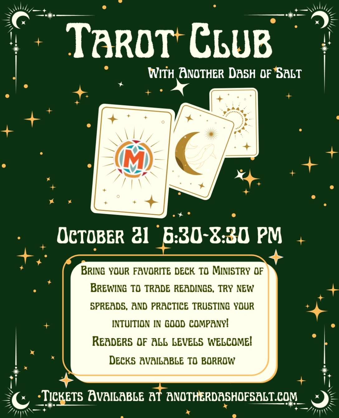 Join us for another magical evening @ministryofbrewing seeing what the cards have to offer! Tarot club is a monthly meetup for anyone interested in Tarot- a space to try new spreads, show off your favorite deck, share tips & tricks, and find community. All levels are welcome, there are decks to borrow if you don’t have one and cheat sheets/guidance available for beginners 🔮
✨Tickets available at the link in my bio! ✨
#tarotclub #baltimoretarot #thingstodoinbaltimore #baltimoreevents #baltimoretarotreader