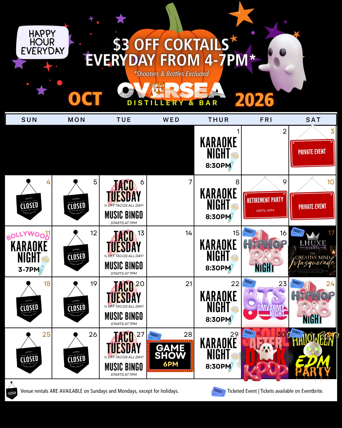 📣 UPDATED OCTOBER EVENT CALENDAR! 📣
We’ve added 2 NEW EVENTS to the lineup, and you won’t want to miss them! 🎶✨
✨ HIPHOP and R&B Night ✨now TWO nights this month! 10/16 AND 10/24
🎤🎉 GAME SHOW NIGHT | 10/28 🎉🎤👀 Join us for a night of interactive games, big laughs, friendly competition and great drinks, of course! 🏆
Grab your friends, bring your A-game, and let the fun begin! 🎯
Come grab a drink, enjoy the vibes, and experience something new at Oversea Distillery & Bar. ⚓️🍸
📅 Save the dates. Bring your crew. We’ll see you at Oversea!
Edited · 2w