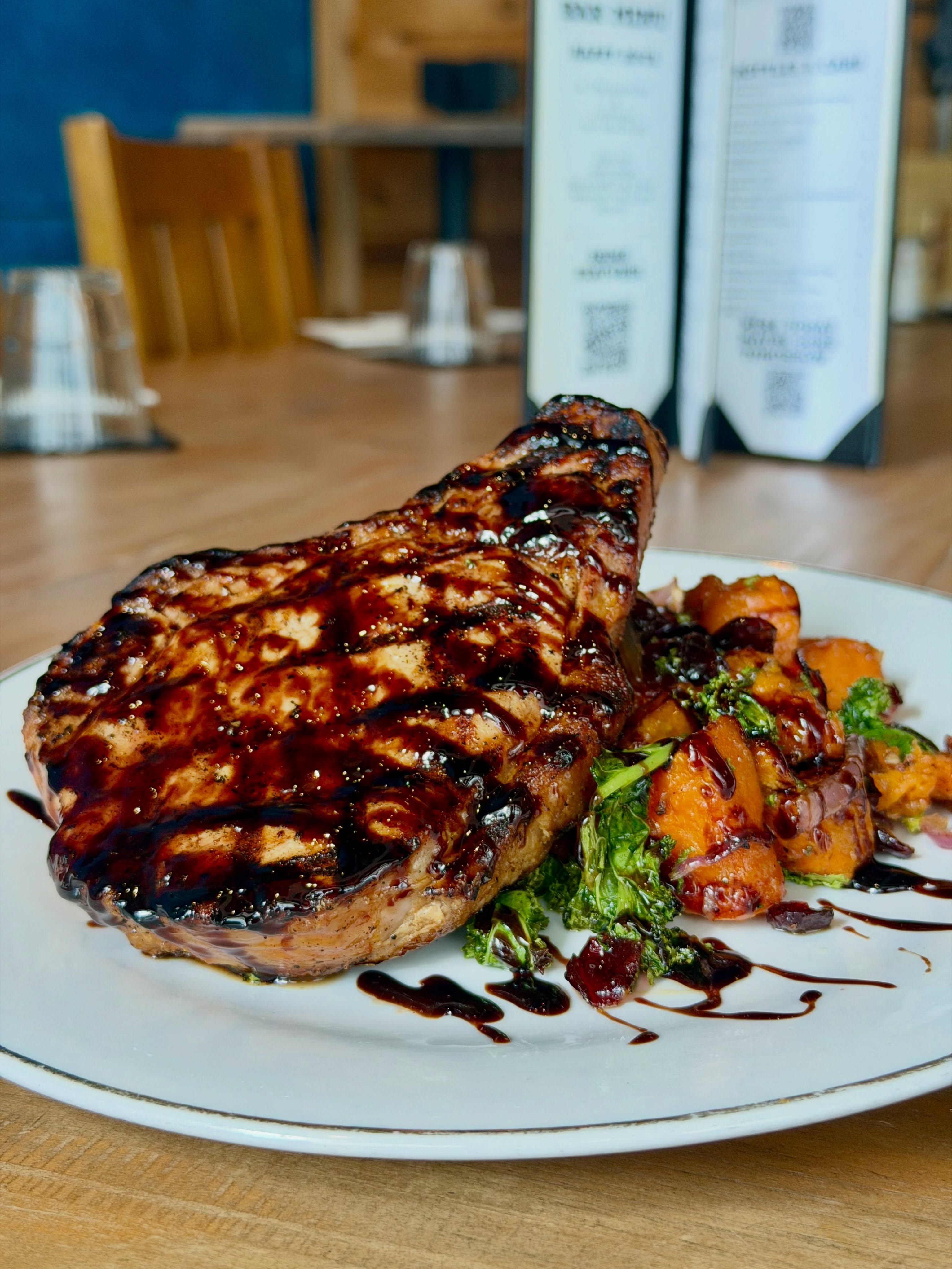 Dinner Feature:
Grilled Pork ribeye, roasted maple sweet potatoes tossed with kale, onion & cranberries topped with balsamic reduction
Soup: Pumpkin bisque
Soup: Mushroom brie