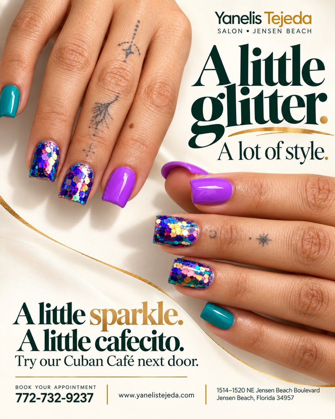A little glitter. A lot of personality. ✨
Vivid color and sparkling details make this set a look worth saving for your next appointment.
Would you wear it for everyday sparkle or a special occasion? Tell us below.
A little sparkle. A little cafecito. Try our Cuban Café next door.
Call 772-732-9237 to plan your next nail look.
www.yanelistejeda.com
1514–1520 NE Jensen Beach Boulevard, Jensen Beach, Florida 34957
#YanelisTejedaSalon #JensenBeachNails #GlitterNails #NailDesign #TreasureCoastNails #CubanCafe